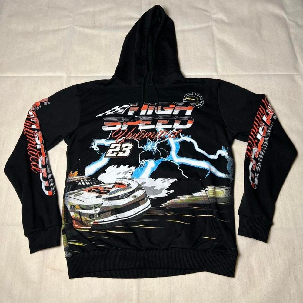 Black racing hoodie with bold graphics and a cool design. Size: M